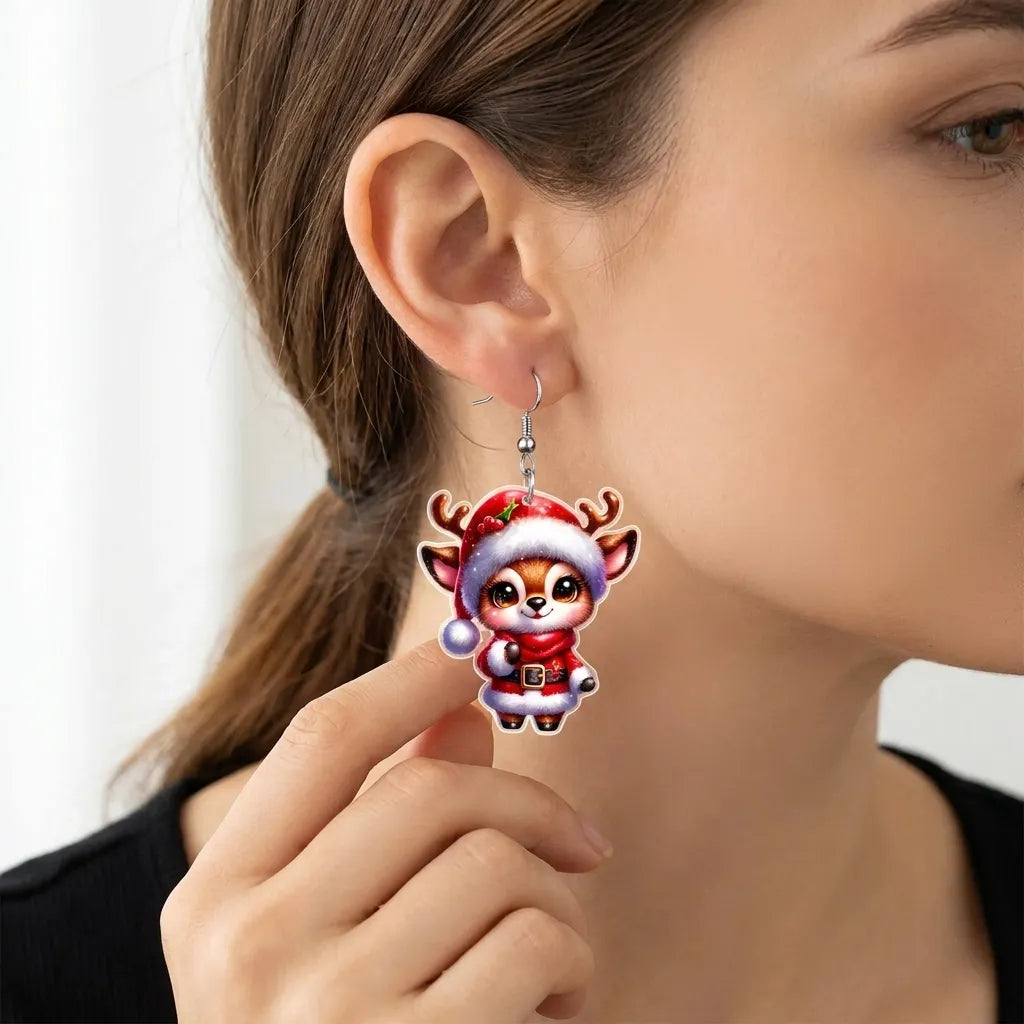 Cute Christmas Reindeer Santa Hat Earrings