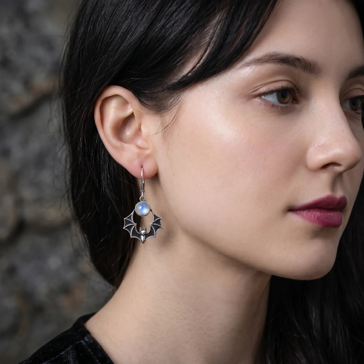 Vintage Gothic Bat Moonstone Drop Earrings