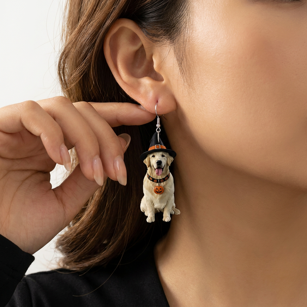 Halloween Witch Golden Retriever Dog Earrings