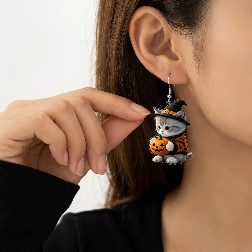Tabby Cat In Pumpkin Sweater Witch Hat Halloween Earrings