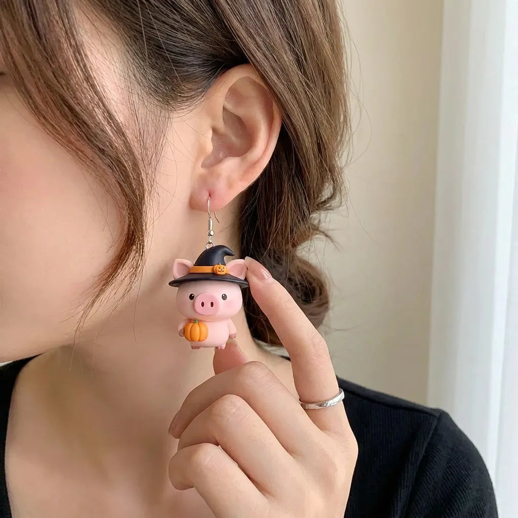 Cute Pink Pig Witch Hat Holding Jack O Lantern Pumpkin Halloween Earrings