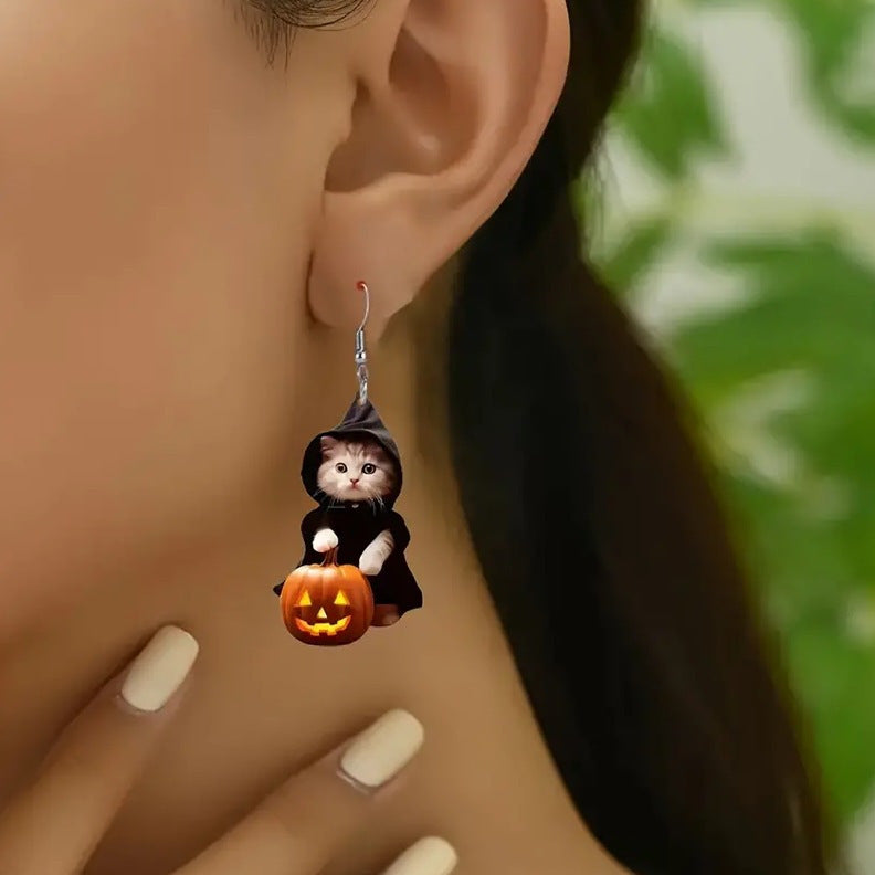 Vintage Witch Cat Pumpkin Dangle Earrings