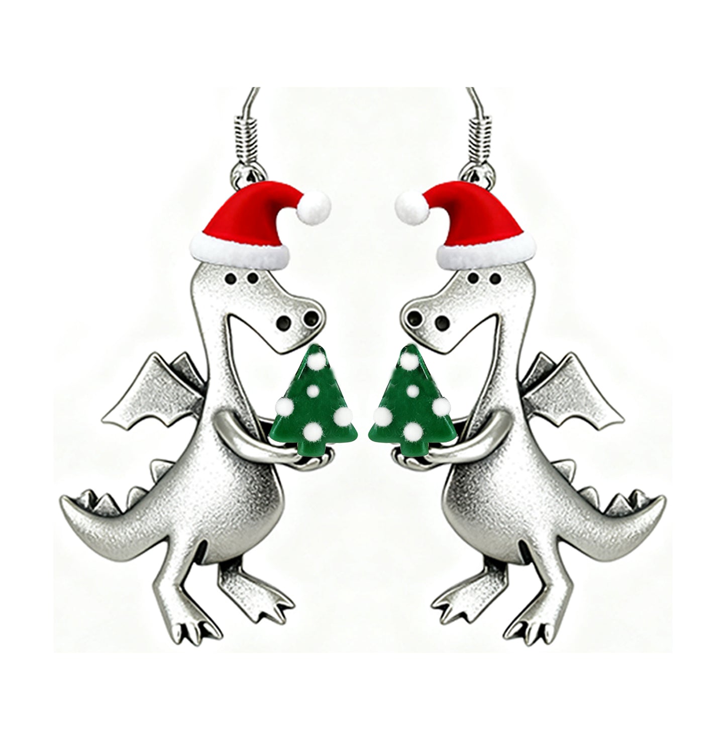 Christmas Santa Hat Holding A Small Christmas Tree Dinosaur Earrings