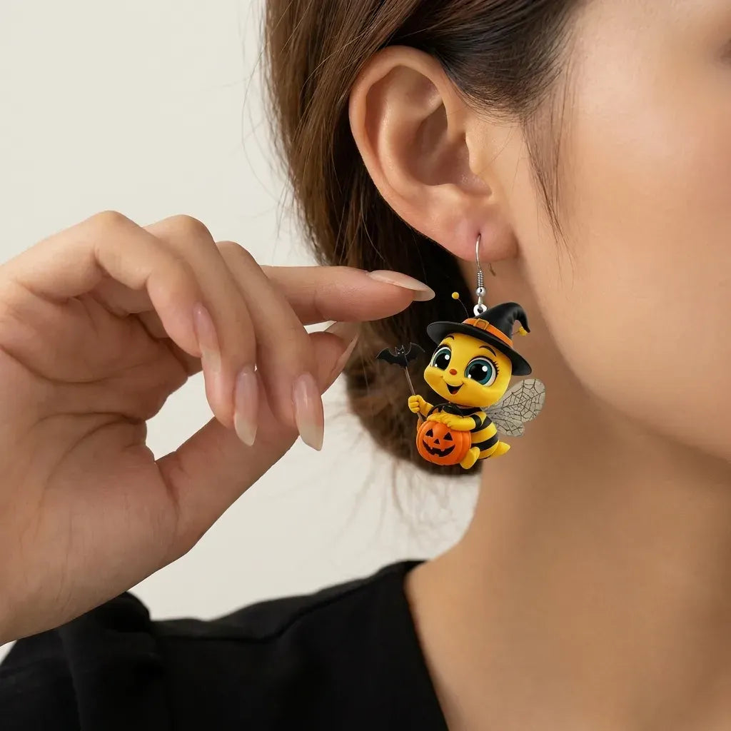 Cute Bee Witch Hat Bat Wand Halloween Earrings