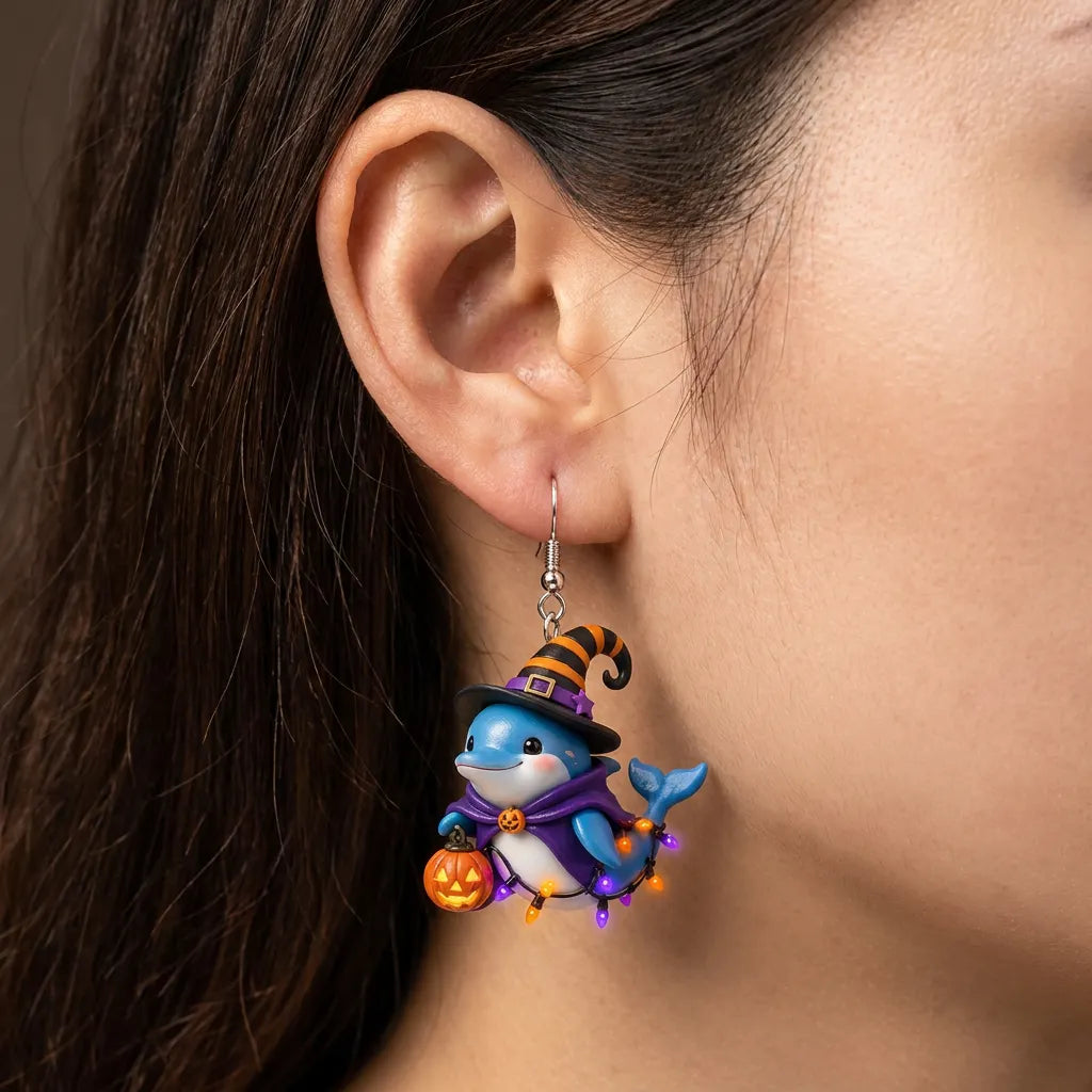 Witch Dolphin Halloween Pumpkin Dangle Earrings