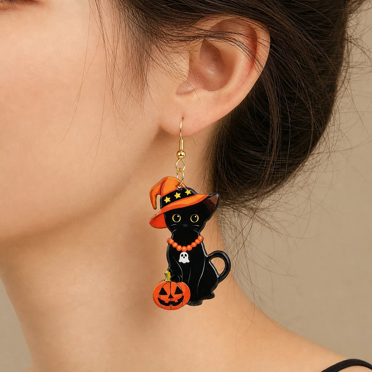 Vintage Halloween Black Cat Dangle Earrings