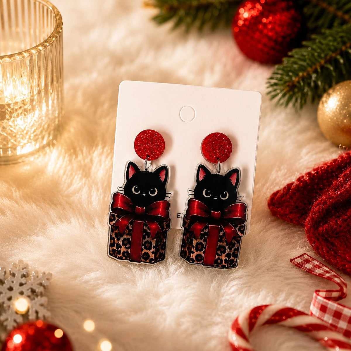 Vintage Christmas Black Cat Drop Earrings