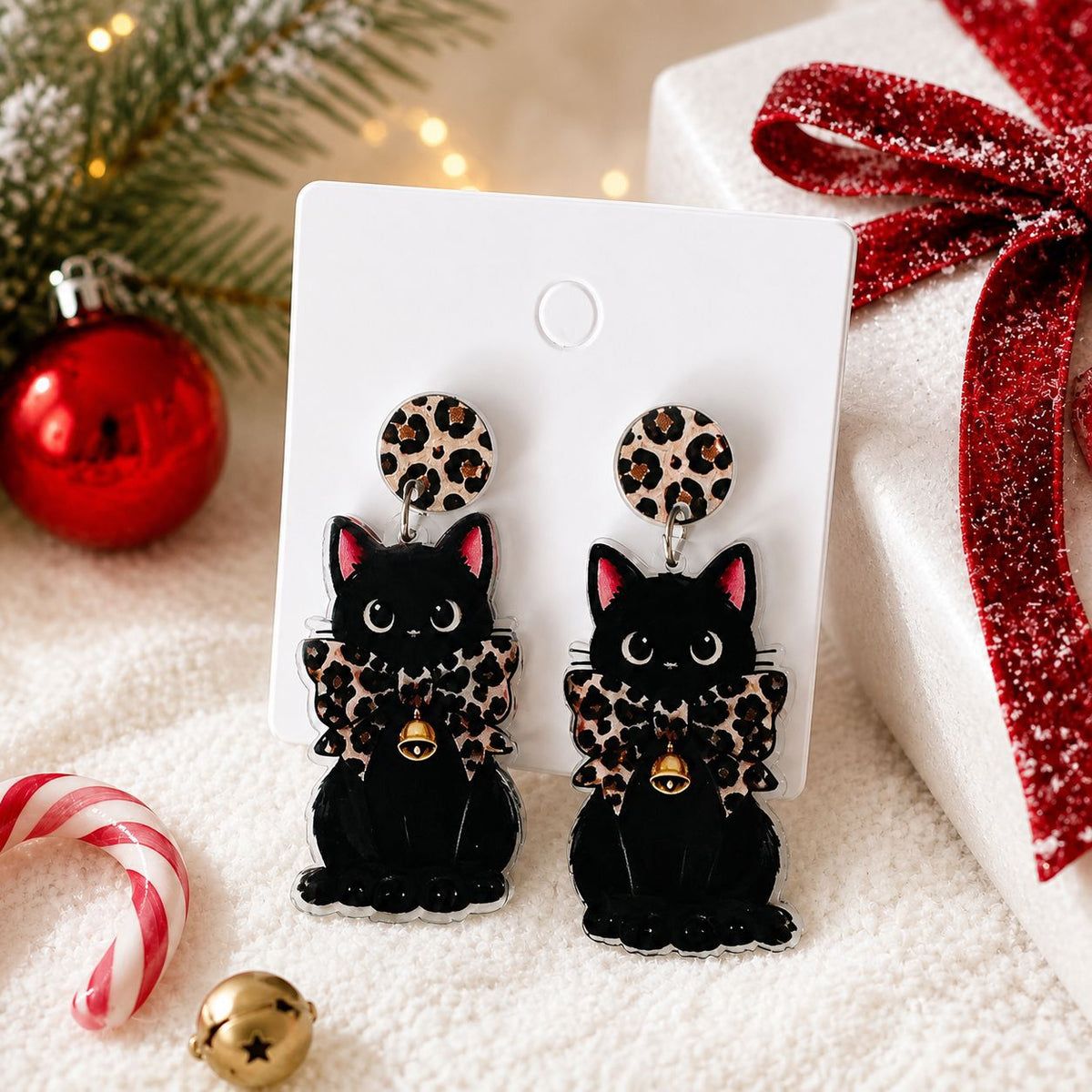 Vintage Christmas Black Cat Drop Earrings