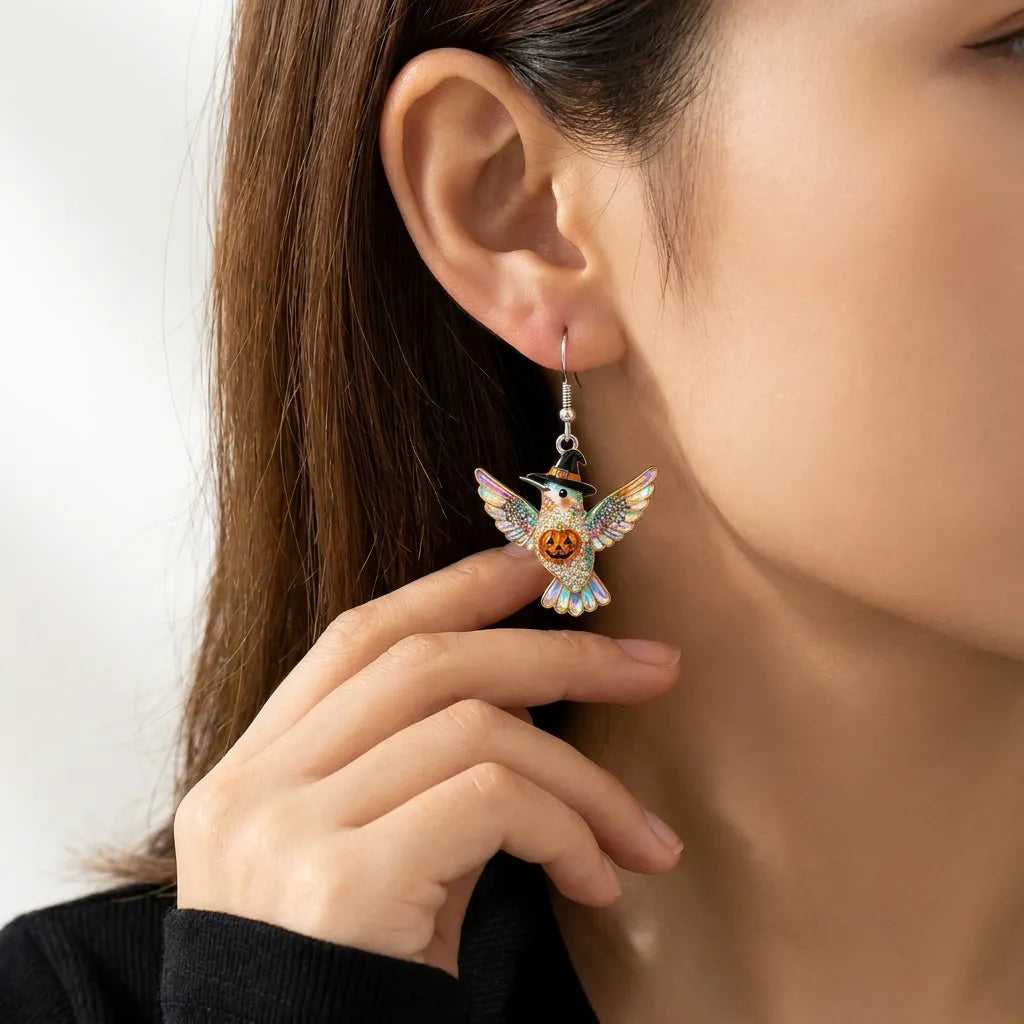 Rainbow Rhinestone Hummingbird Witch Hat Halloween Earrings