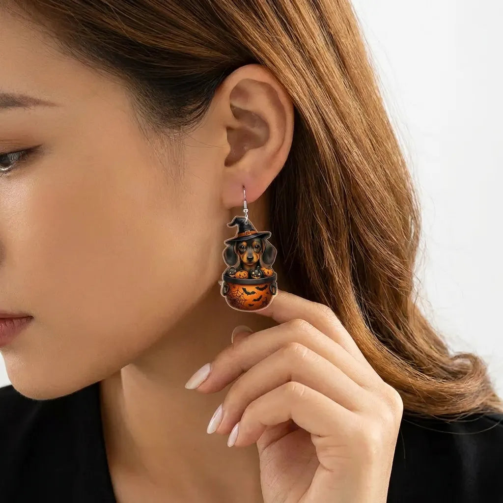 Halloween Dachshund Witch Cauldron Pumpkin Earrings