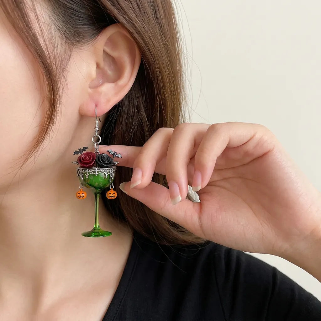 Green Witch Cocktail Glass Halloween Acrylic Earrings