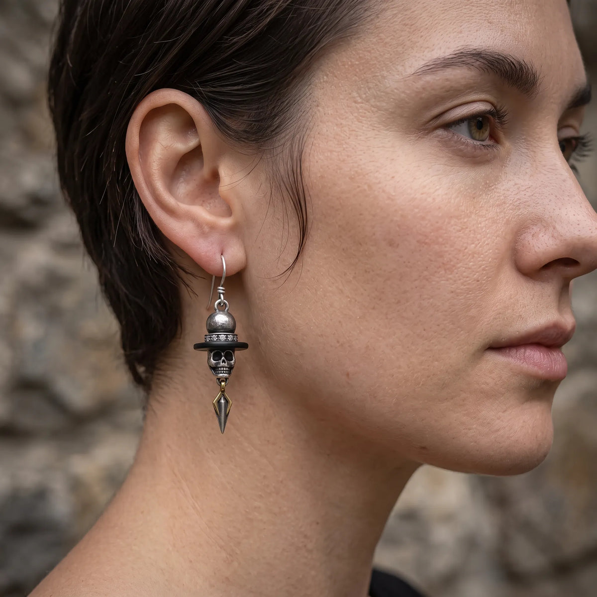 Vintage Top Hat Skull Rhinestone Spike Drop Earrings