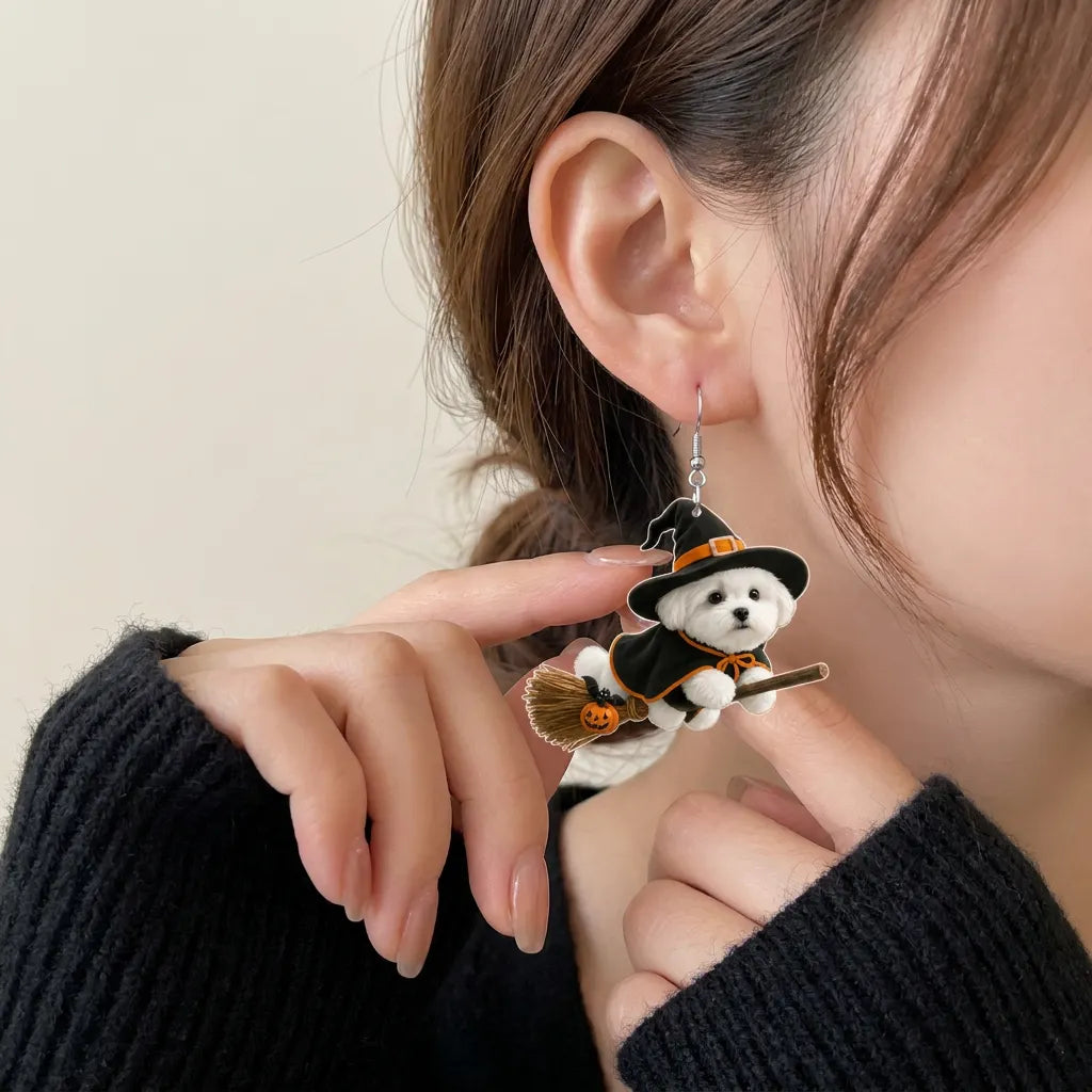 Maltese Puppy Witch Broom Halloween Party Drop Earrings