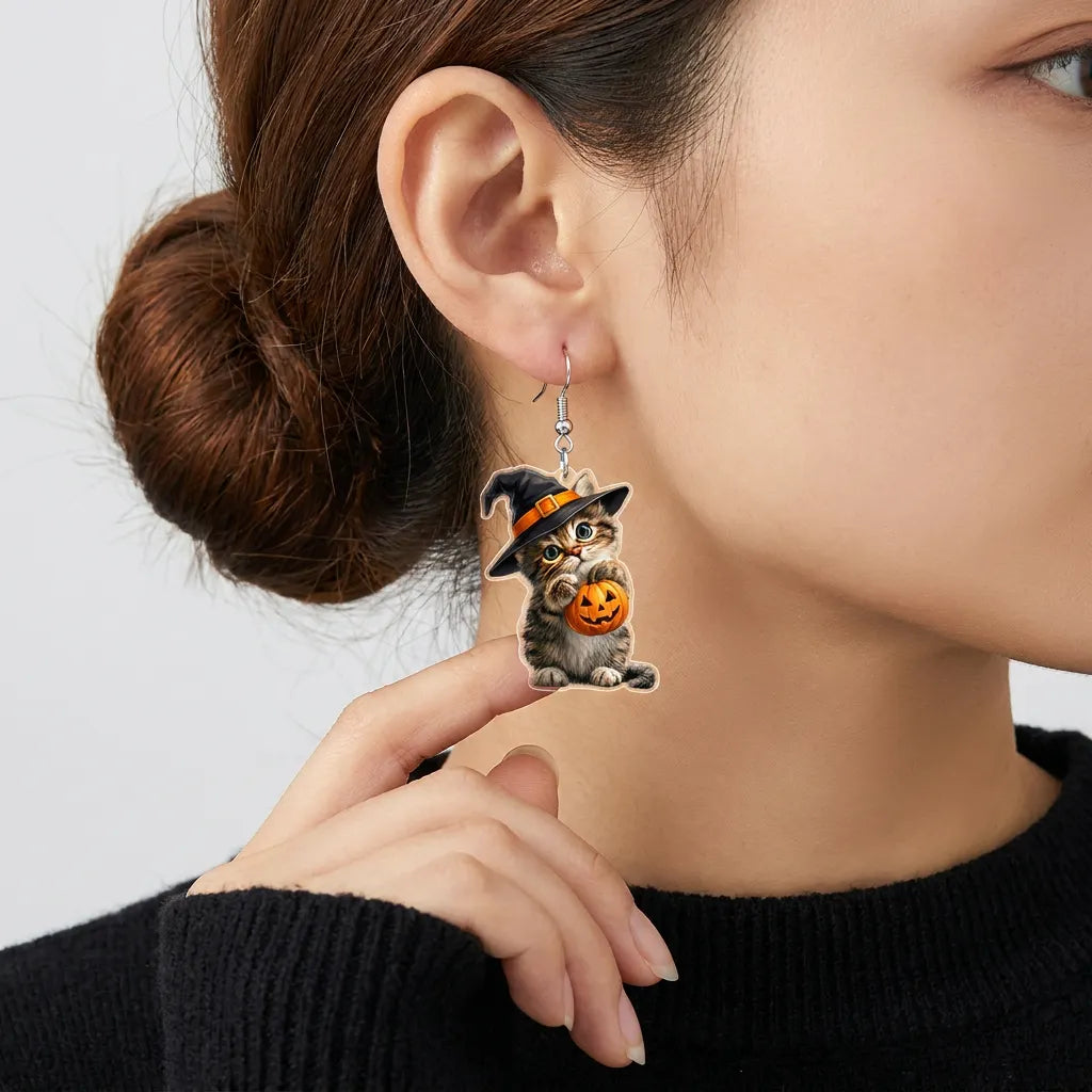 Cute Witch Kitten Holding Pumpkin Halloween Drop Earrings