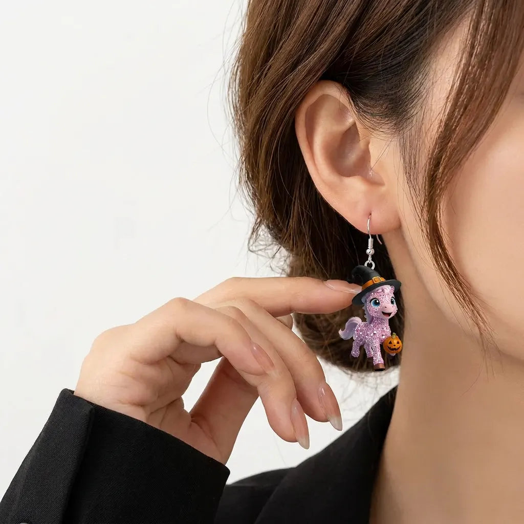 Sparkly Pink Rhinestone Pony Witch Hat Holding Pumpkin Halloween Dangle Earrings