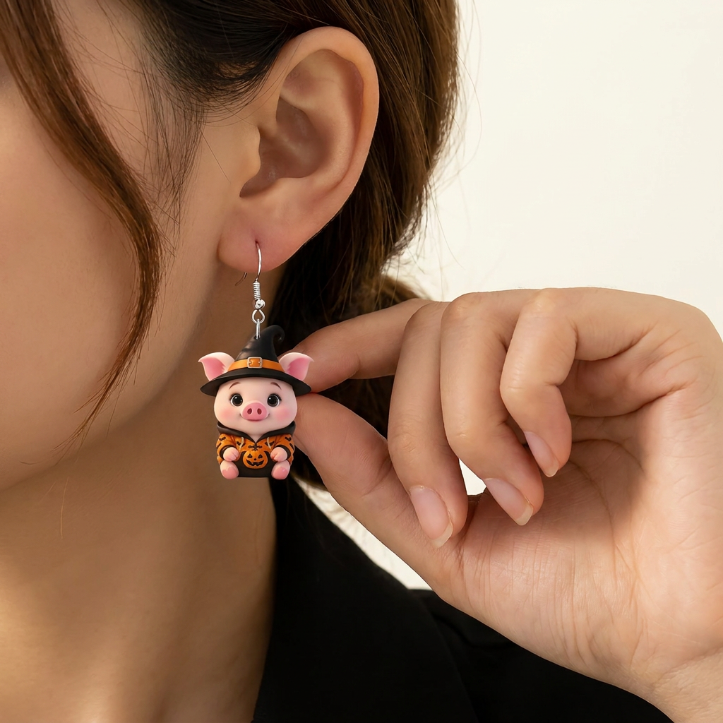 Halloween Witch Pig Dangle Earrings