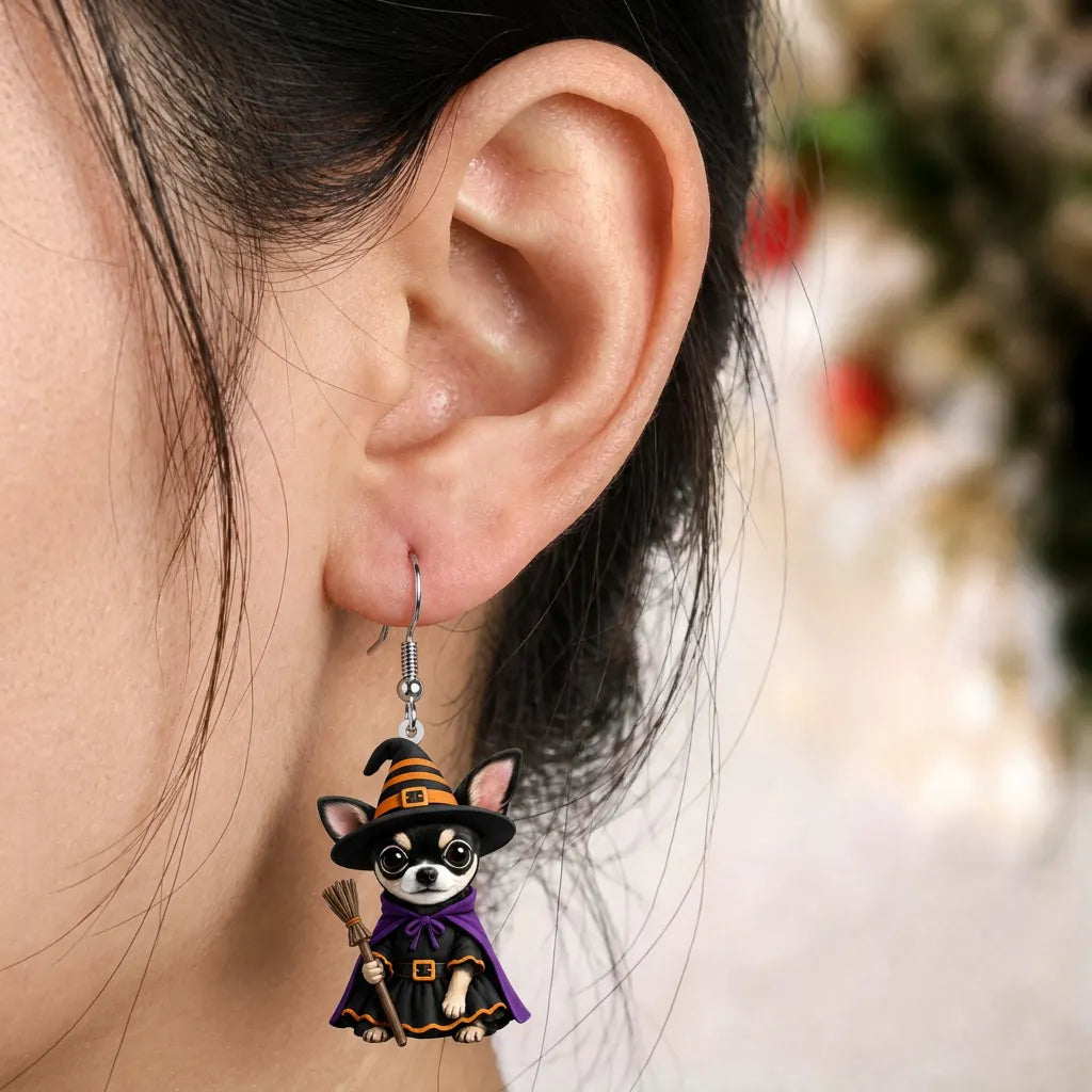 Witch Chihuahua Halloween Dangle Earrings