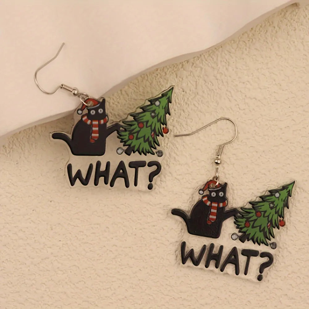 Black Cat & Christmas Tree Cartoon Earrings