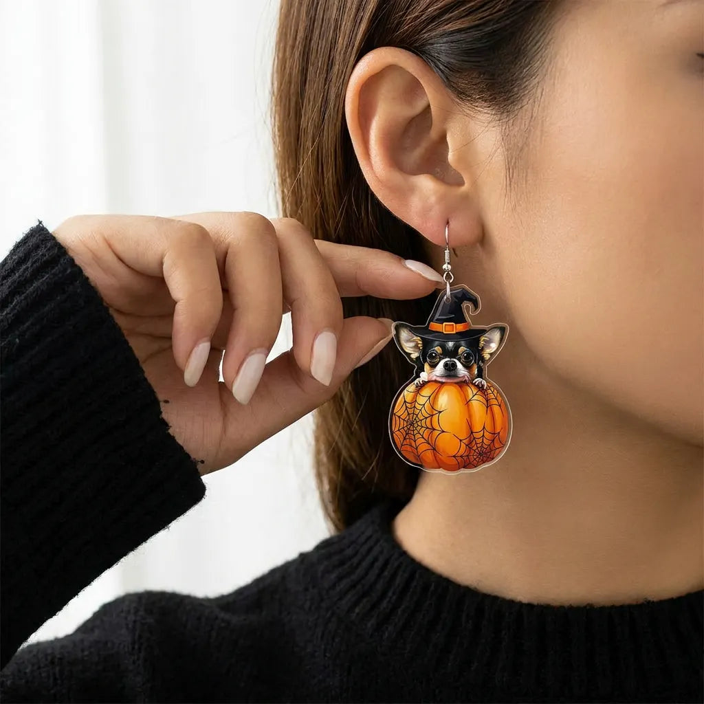 Halloween Witch Chihuahua Pumpkin Spider Web Acrylic Dangle Earrings