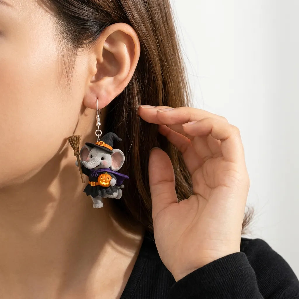 Witch Elephant Halloween Pumpkin Earrings