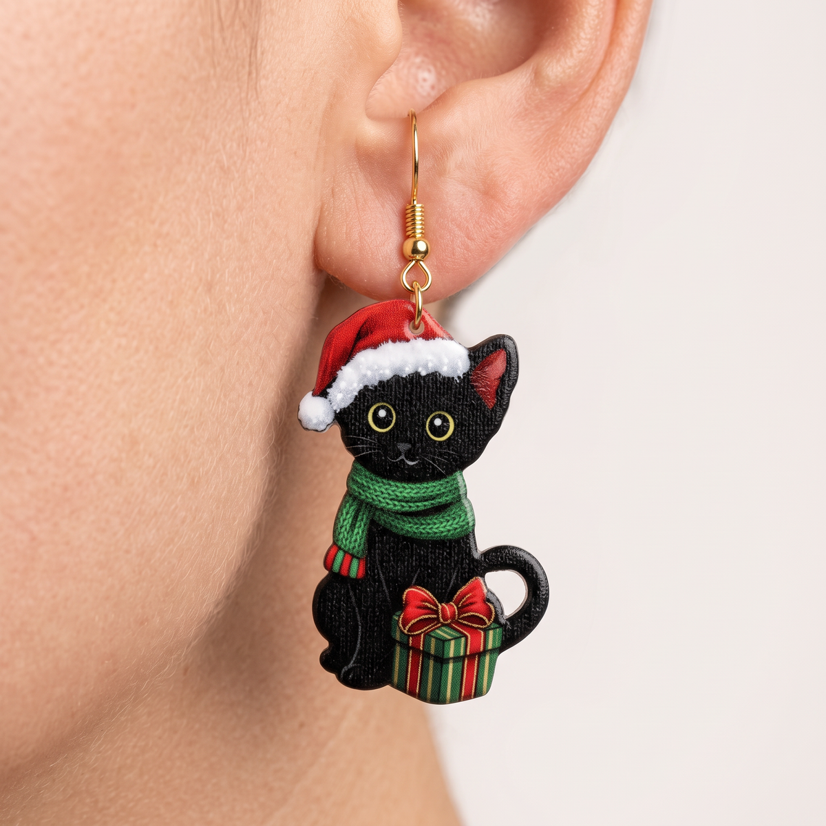 Vintage Christmas Black Cat Drop Earrings