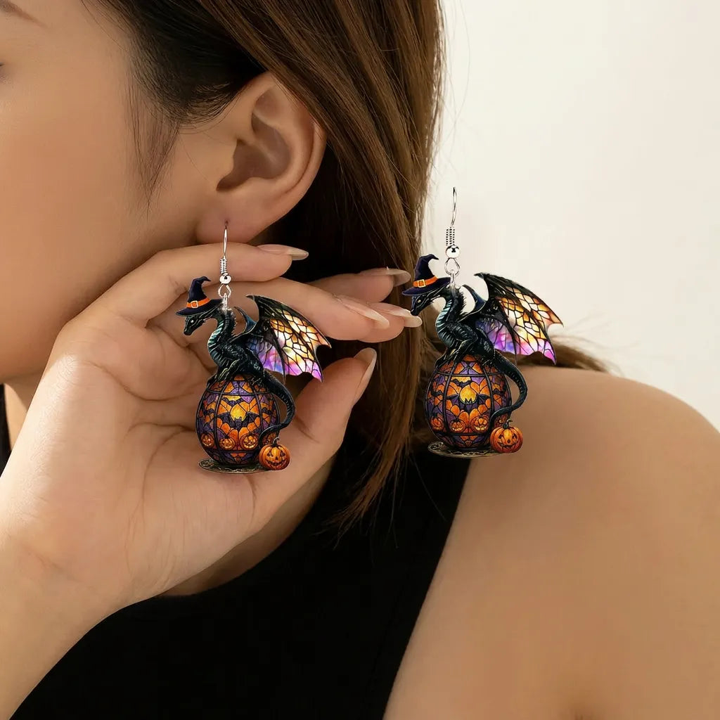 Witch Black Dragon Stained Glass Pumpkin Lantern Halloween Earrings