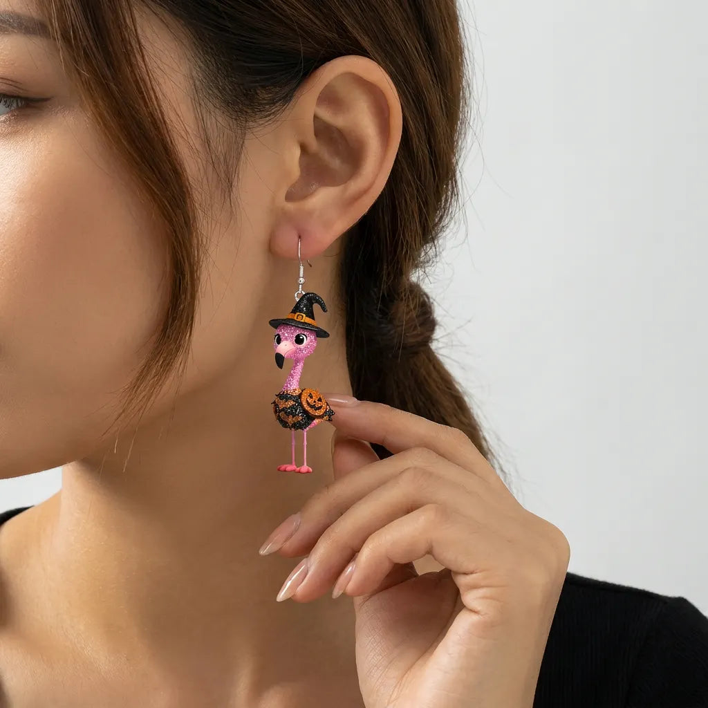 Glitter Pink Flamingo Witch Hat Halloween Earrings