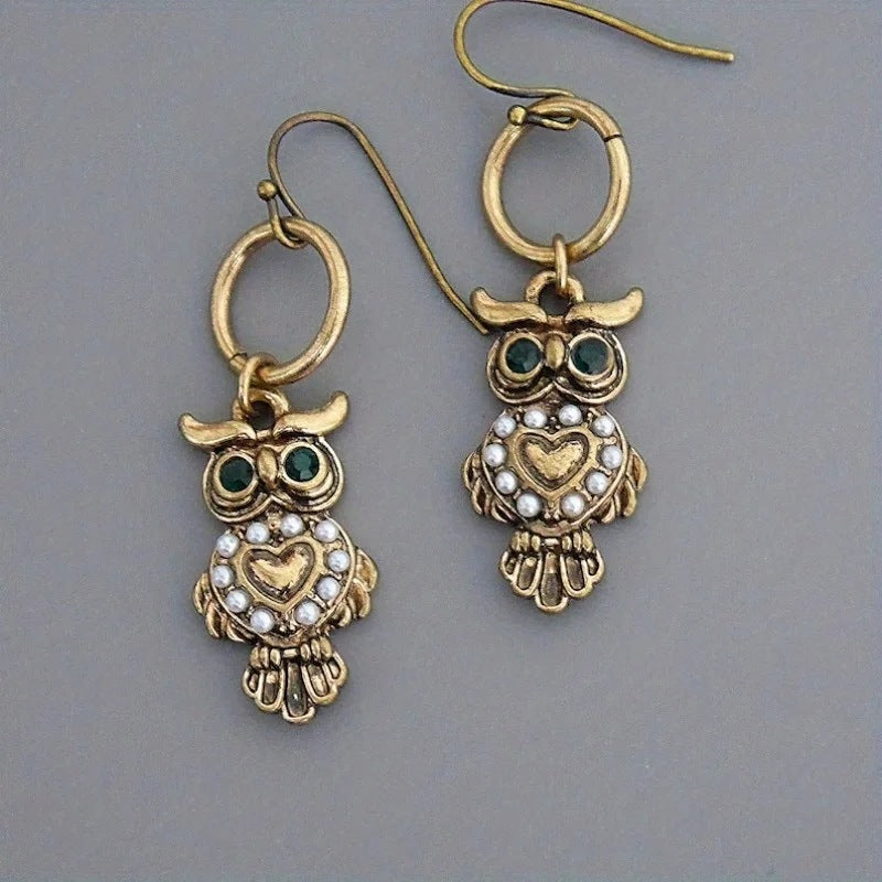 Vintage Antique Metal Carved Owl Pendant Earrings