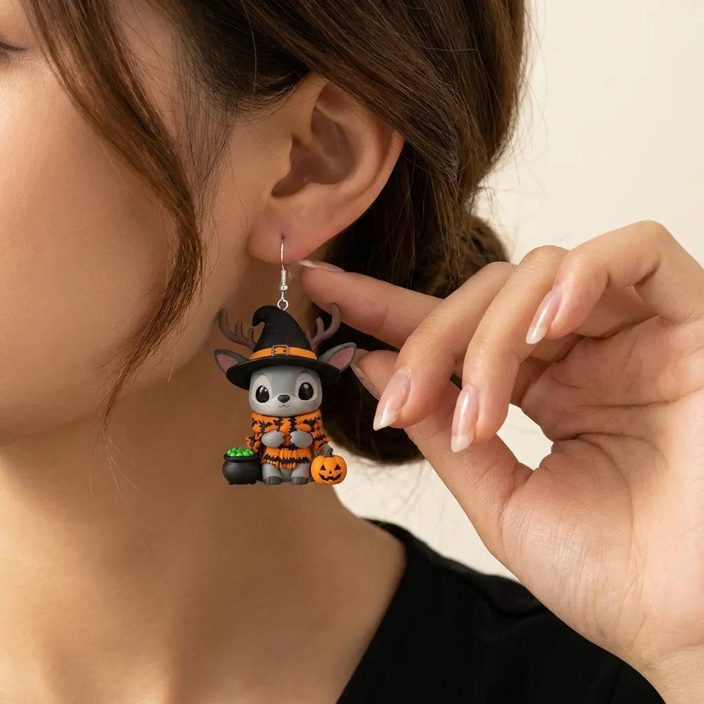 Cartoon Deer Bat Print Shawl Witch Cauldron Pumpkin Halloween Earrings
