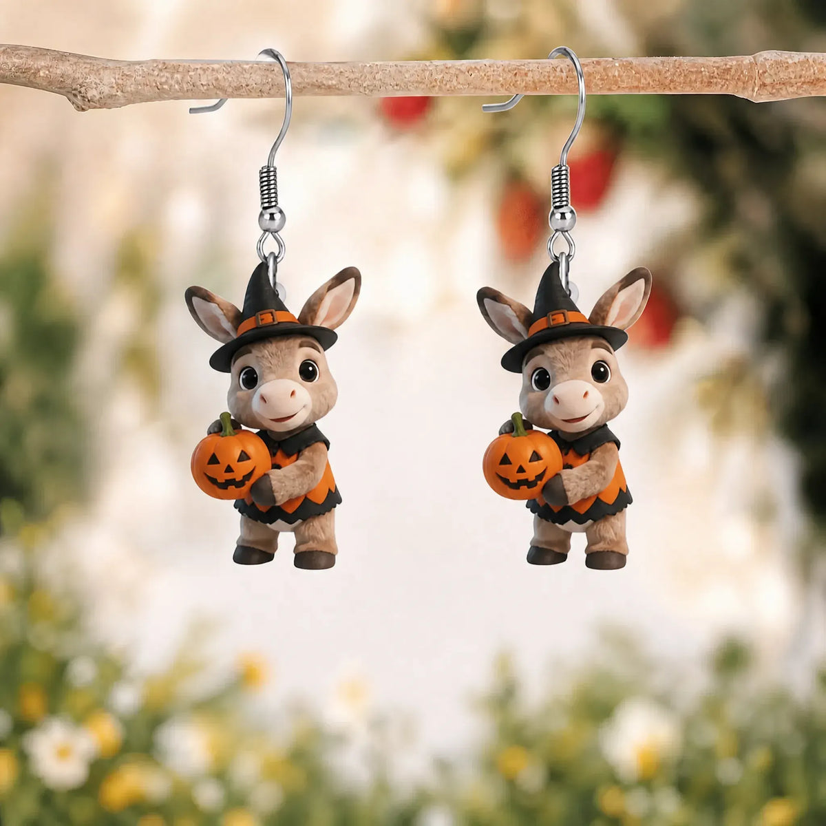 Lovely Witch Donkey Holding Pumpkin Halloween Party Earrings