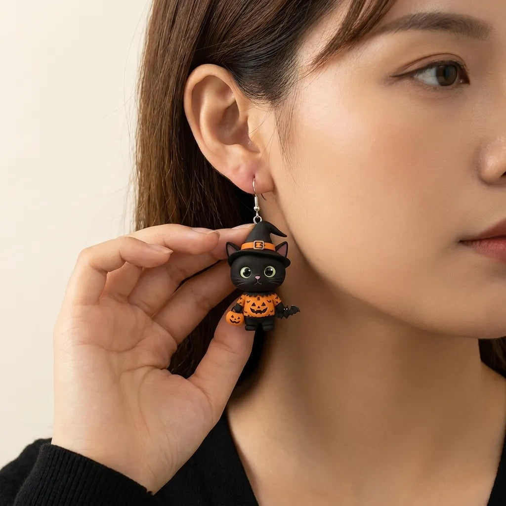 Black Cat Witch Hat Pumpkin Bat Print Outfit Halloween Earrings