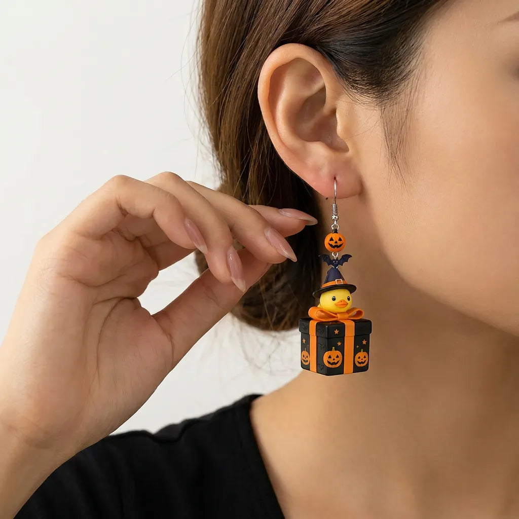 Yellow Duck Witch Hat On Halloween Gift Box Earrings