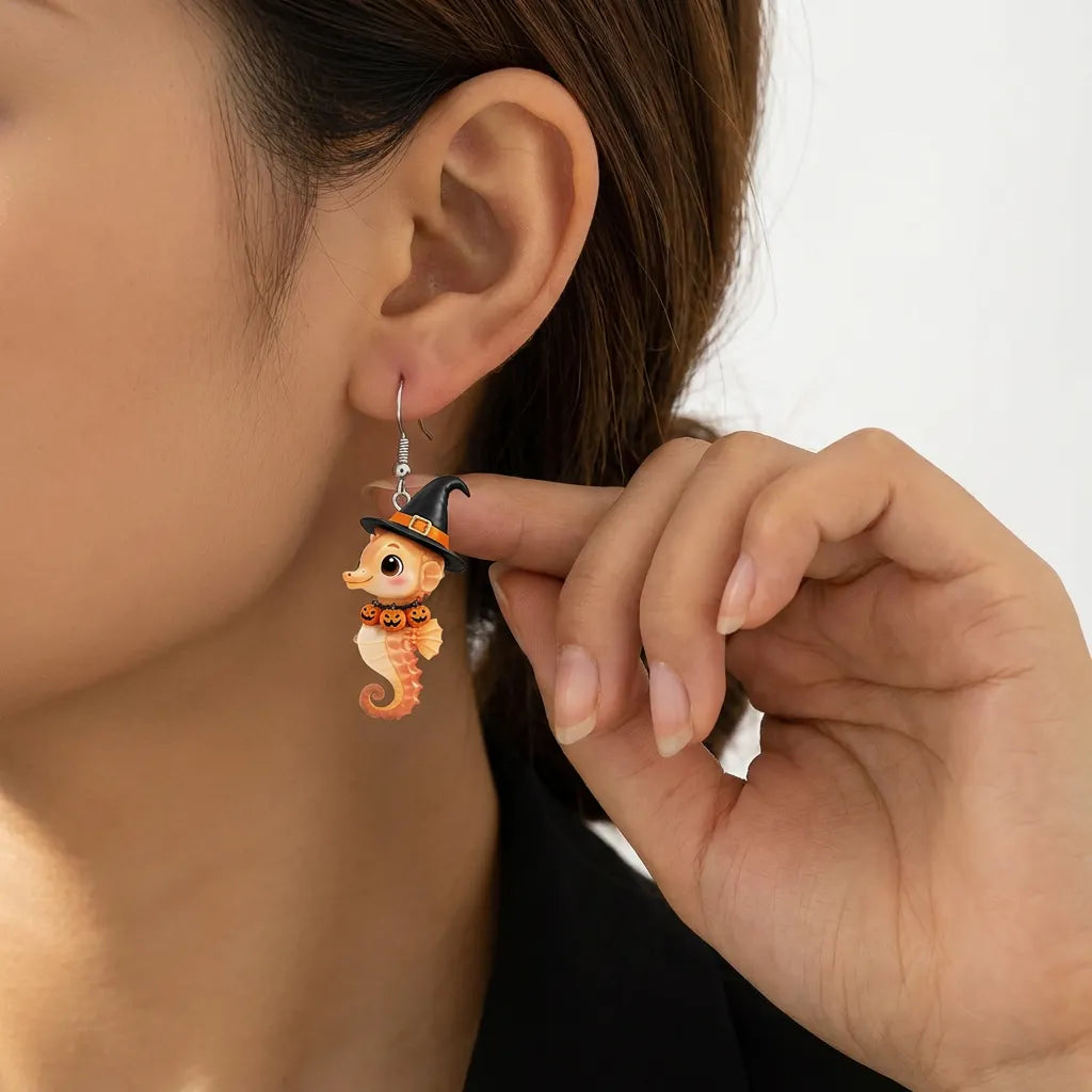Seahorse Witch Hat Pumpkin Garland Halloween Earrings