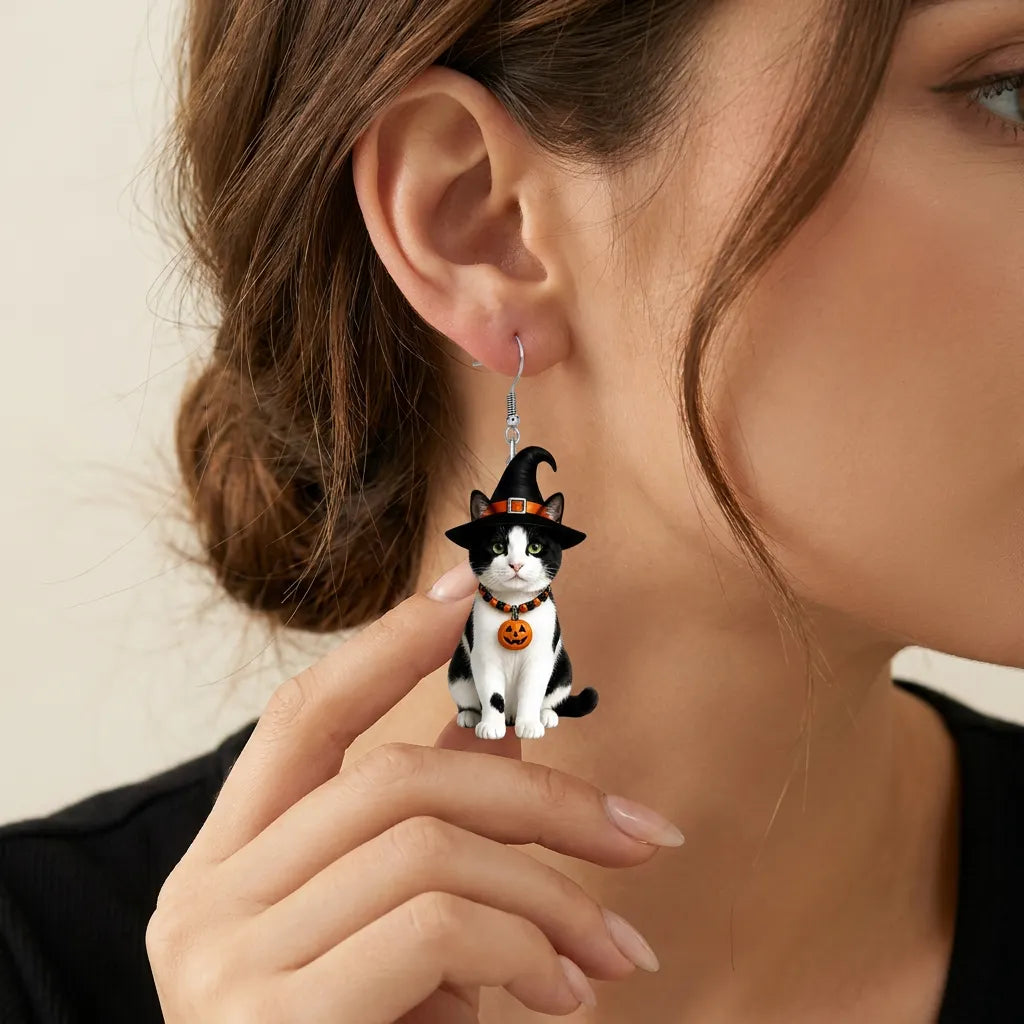 Black And White Cat Witch Hat Pumpkin Bead Collar Halloween Earrings