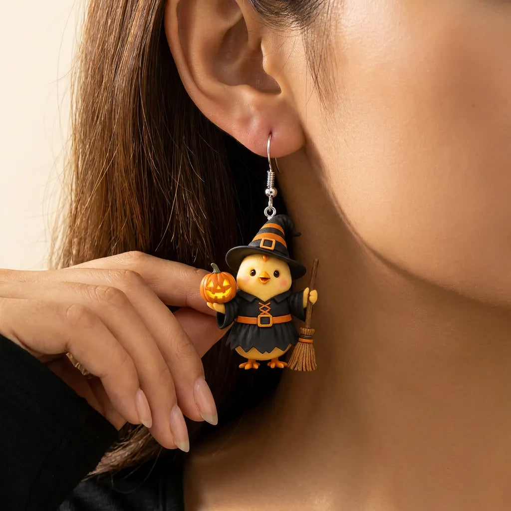 Witch Chick Halloween Pumpkin Earrings