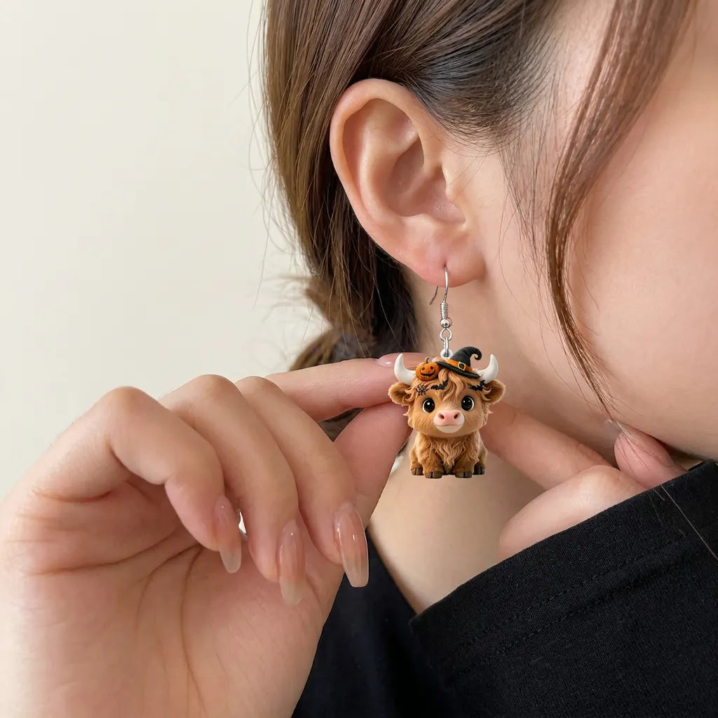 Highland Cow Witch Hat Pumpkin Bat Halloween Earrings