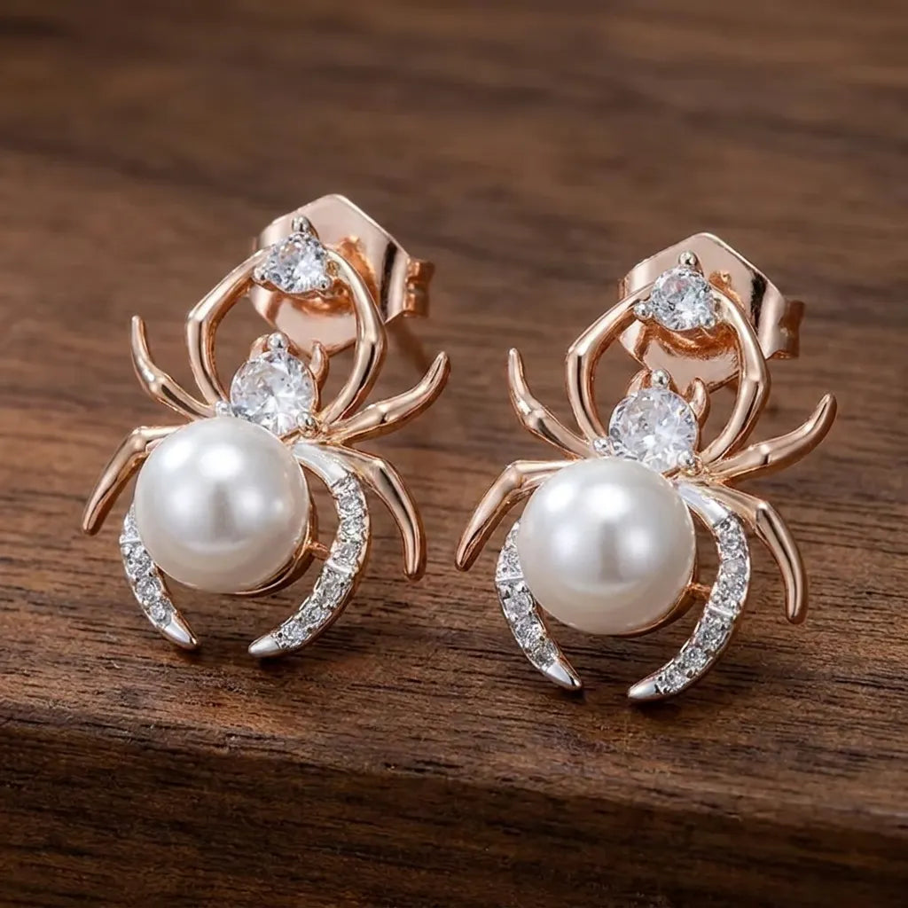 Vintage Pearl Zircon Spider Rose Gold Stud Earrings