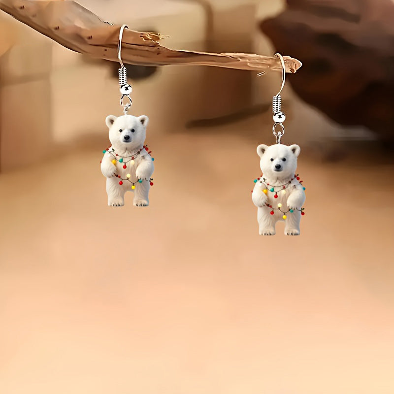 Christmas Cute White Bear Earrings with Colorful Lights