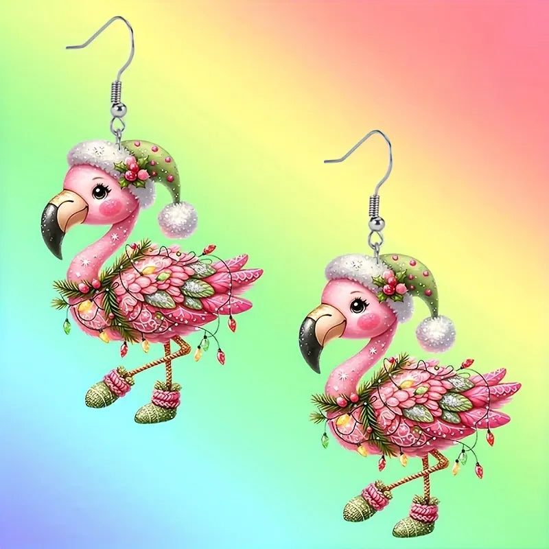 Christmas Watercolor Flamingo Acrylic Earrings