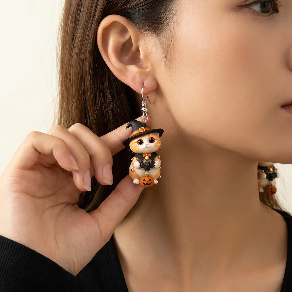 Cute Orange Tabby Cat Witch Cloak Bell Bat Halloween Acrylic Earrings