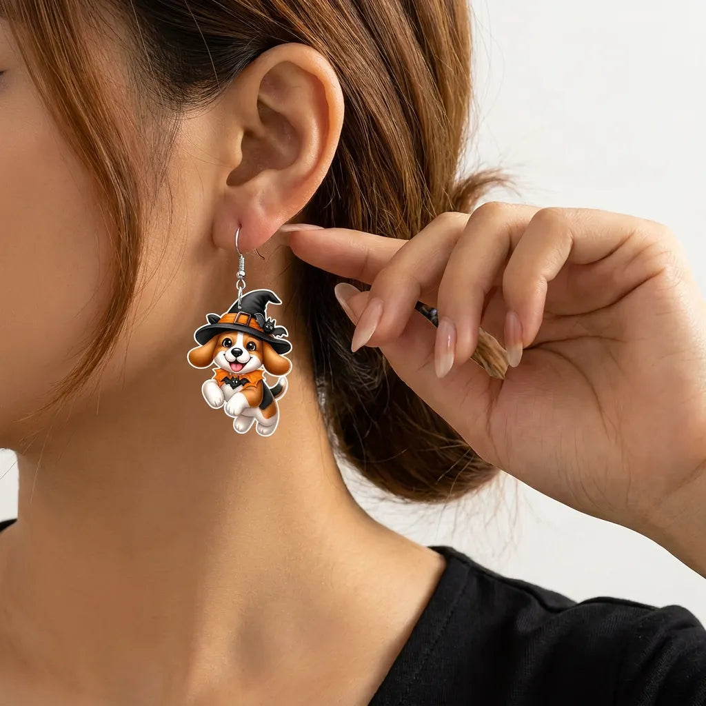 Halloween Witch Beagle Dog Bat Costume Hook Earrings