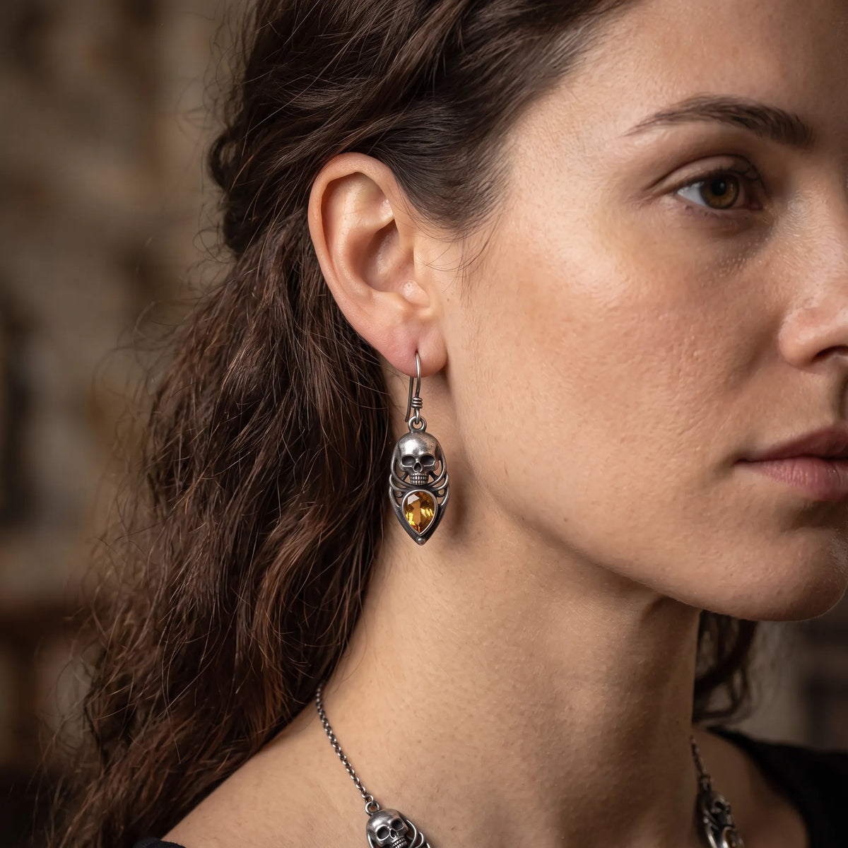 Vintage Skull Citrine Teardrop Gem Dangle Earrings