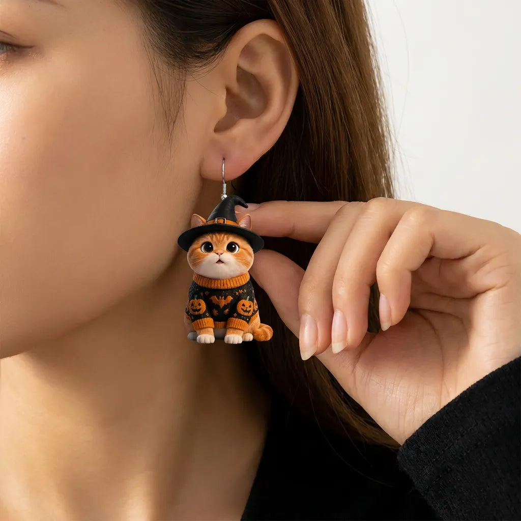 Orange Tabby Cat Witch Hat Pumpkin Bat Sweater Halloween Acrylic Earrings