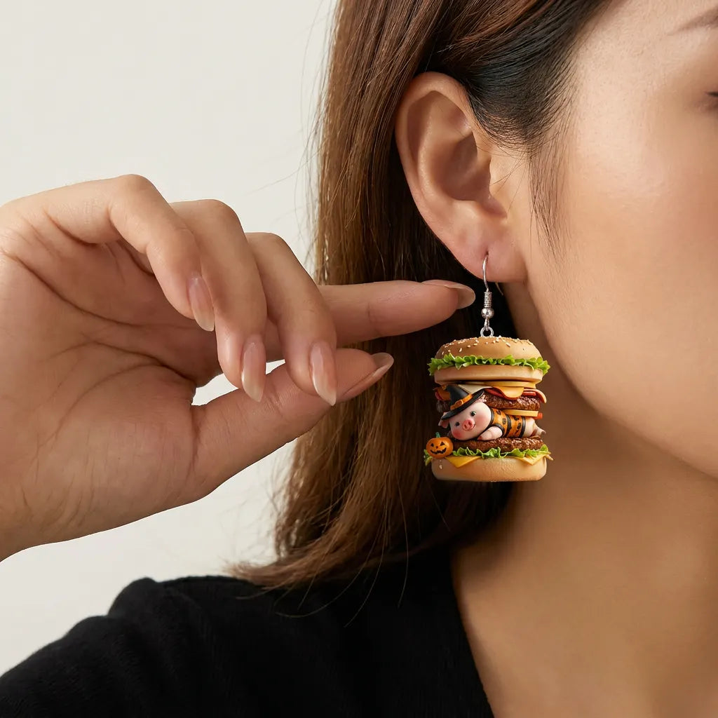 Cute Pig In Bat Print Costume Inside Cheeseburger Halloween Acrylic Earrings