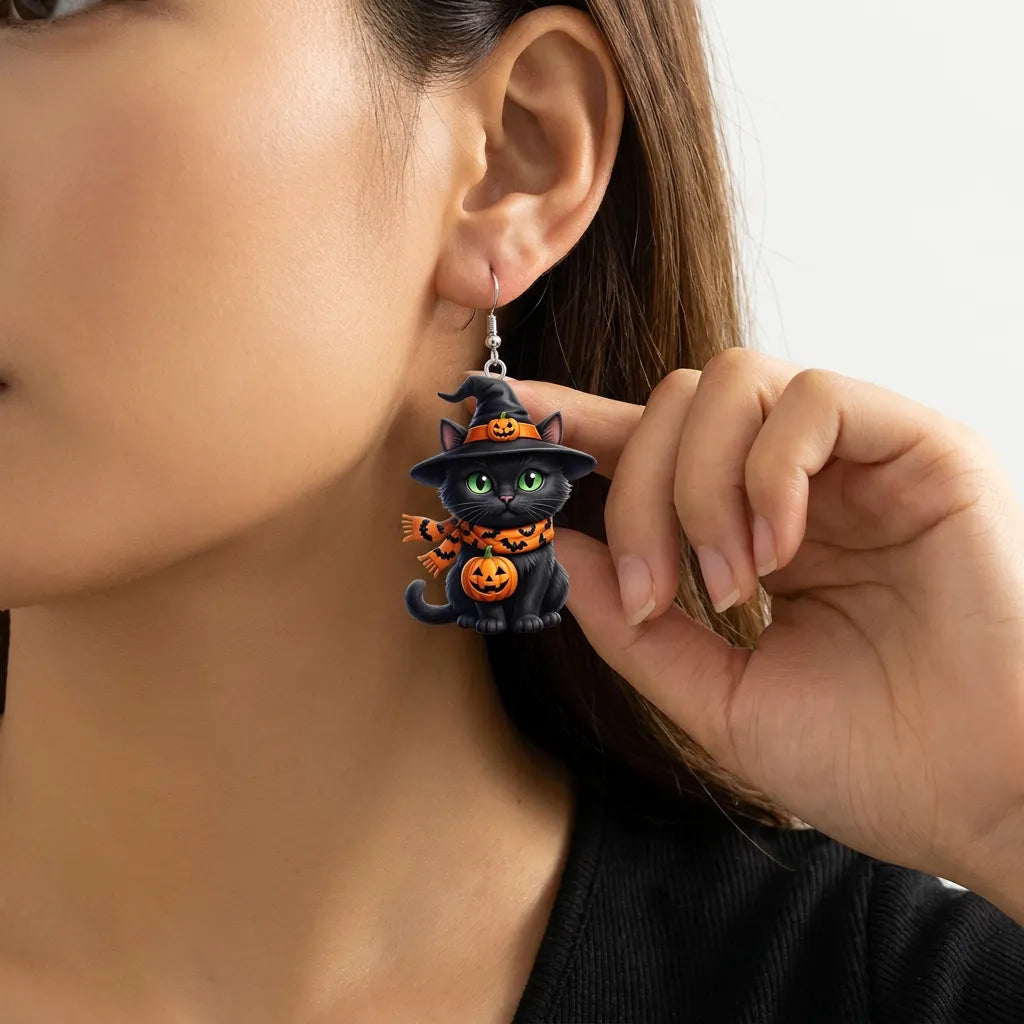Black Witch Cat With Pumpkin Halloween Earrings