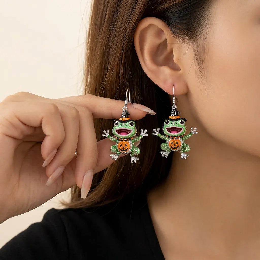 Green Crystal Frog Witch Hat Pumpkin Bat Necklace Halloween Earrings