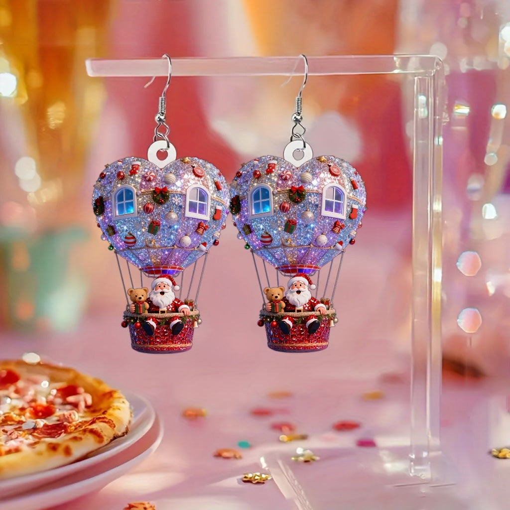 Christmas Santa Claus in Hot Air Balloon Design Earrings
