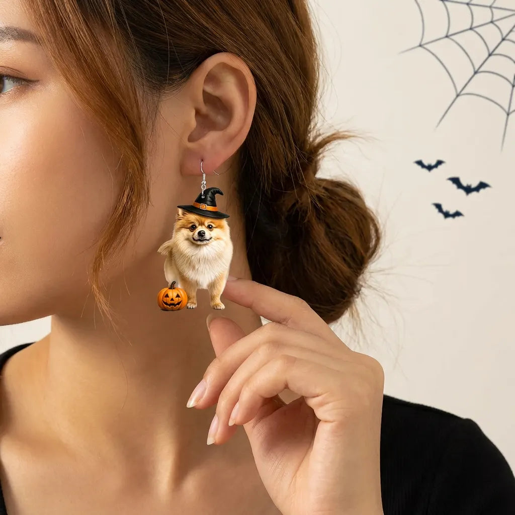 Fluffy Pomeranian Dog Witch Hat Halloween Earrings