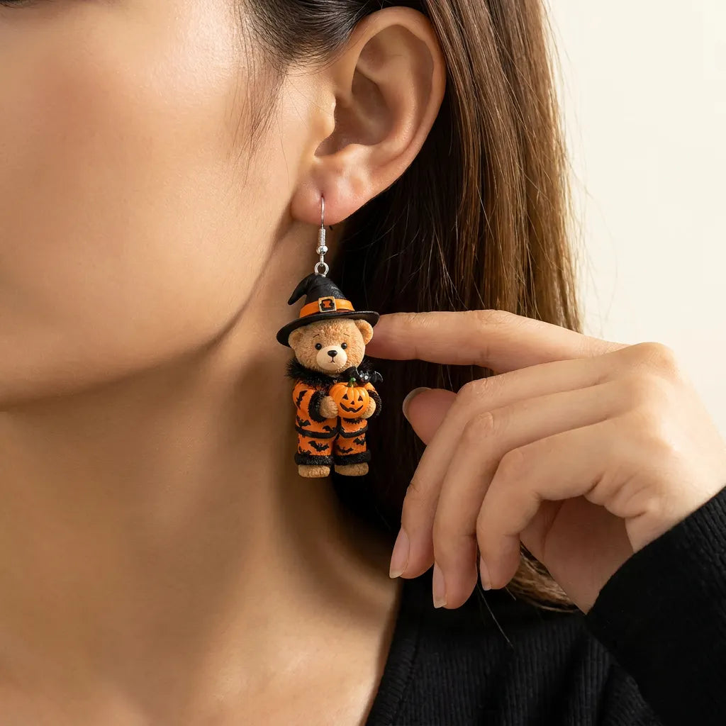 Teddy Bear Witch Outfit Holding Pumpkin And Bat Halloween Earrings