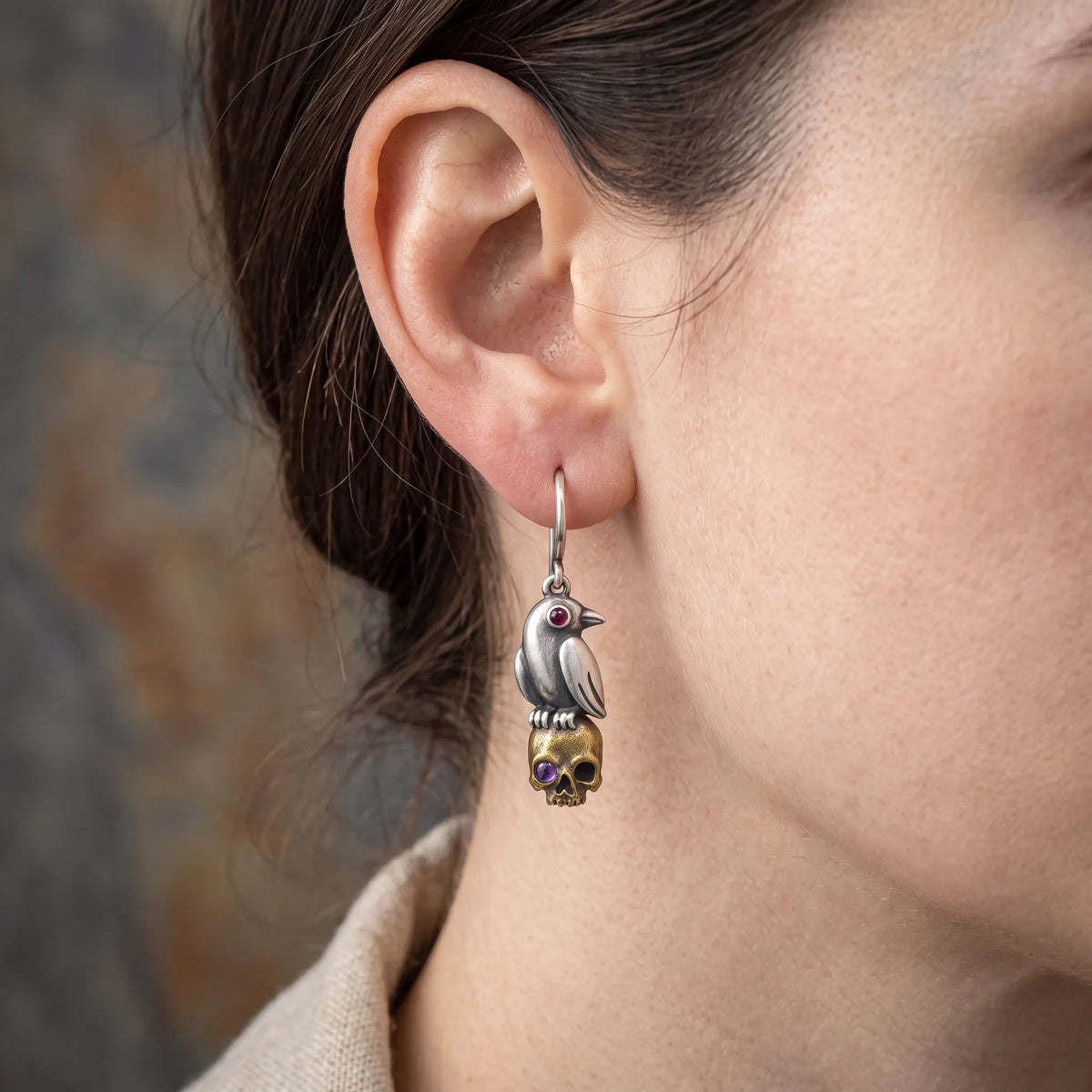 Vintage Gothic Raven Skull Drop Earrings